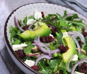 Broccolisalat med pesto, feta, avocado og tranebær